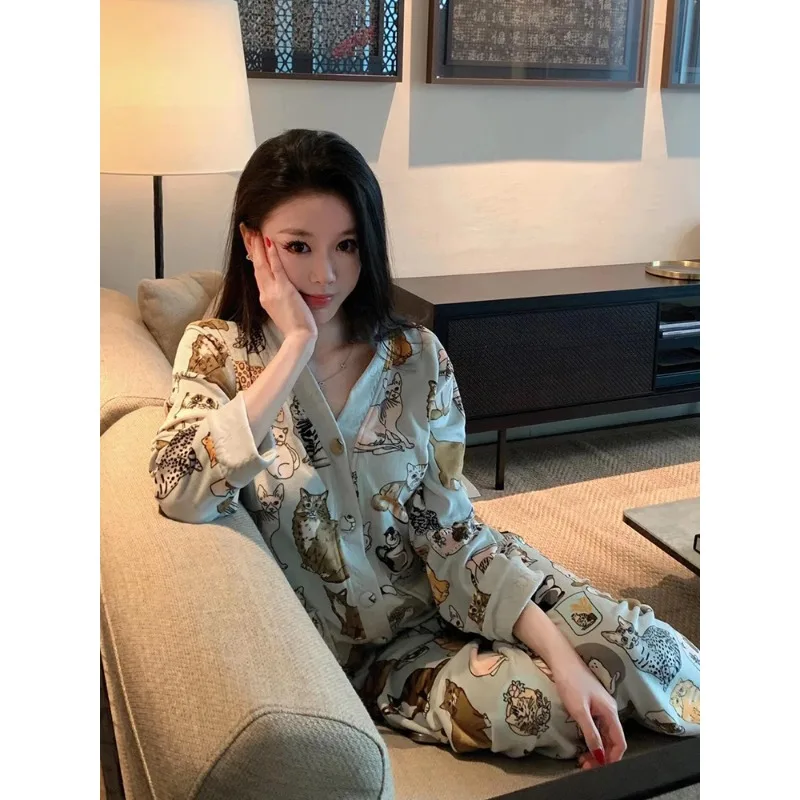 

De Rong Pajamas Women's Autumn/Winter 2025 New Cat Printed Long Sleeve Home Clothes Large Size Set