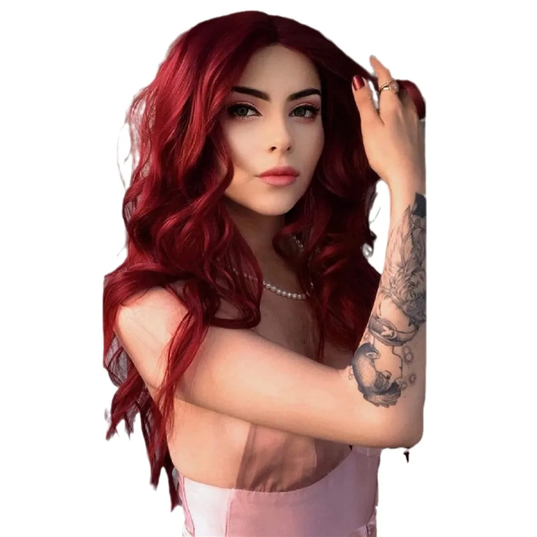 Peruka syntetyczna w kolorze burgundowym, damska, z przedziałkiem na środku, naturalne duże fale, długie kręcone włosy, do codziennego użytku, cosplay, odporna na wysokie temperatury, wykonana z jedwabiu.