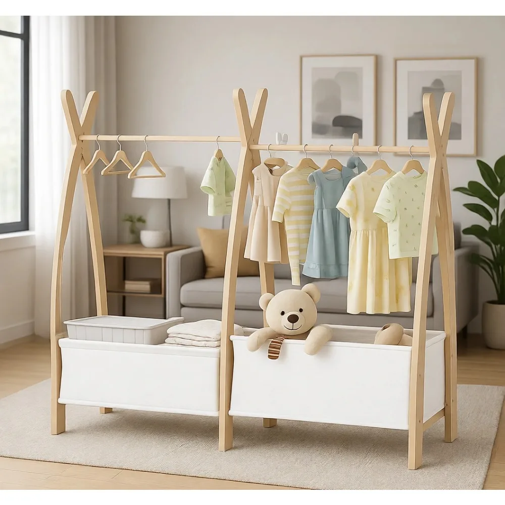 Small Kid Clothing Rack Wood Garment Hanging Rod Organizer for Toddler Nursery