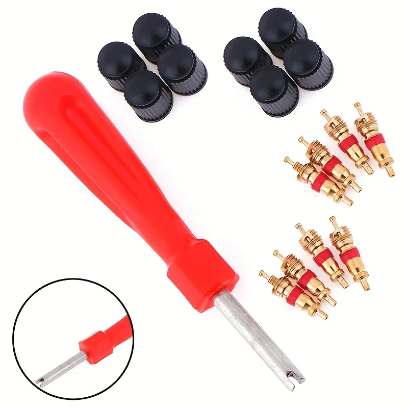 17A set of tools for repairing car and bicycle tire valves，Including8valve core、8valve stem cap、1valve stem screwdriver，Suitable