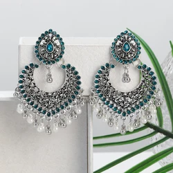 Bohemian Peach Heart Silver Color Earrings Women's Indian Jhumka Blue Crystal Vintage Tassel Earrings Bride Wedding Jewelry