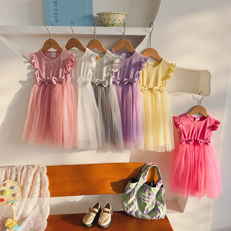 

Summer Ruffled Bow Girls' Dress Mesh Princess Sleeveless Puffy Dress for Children