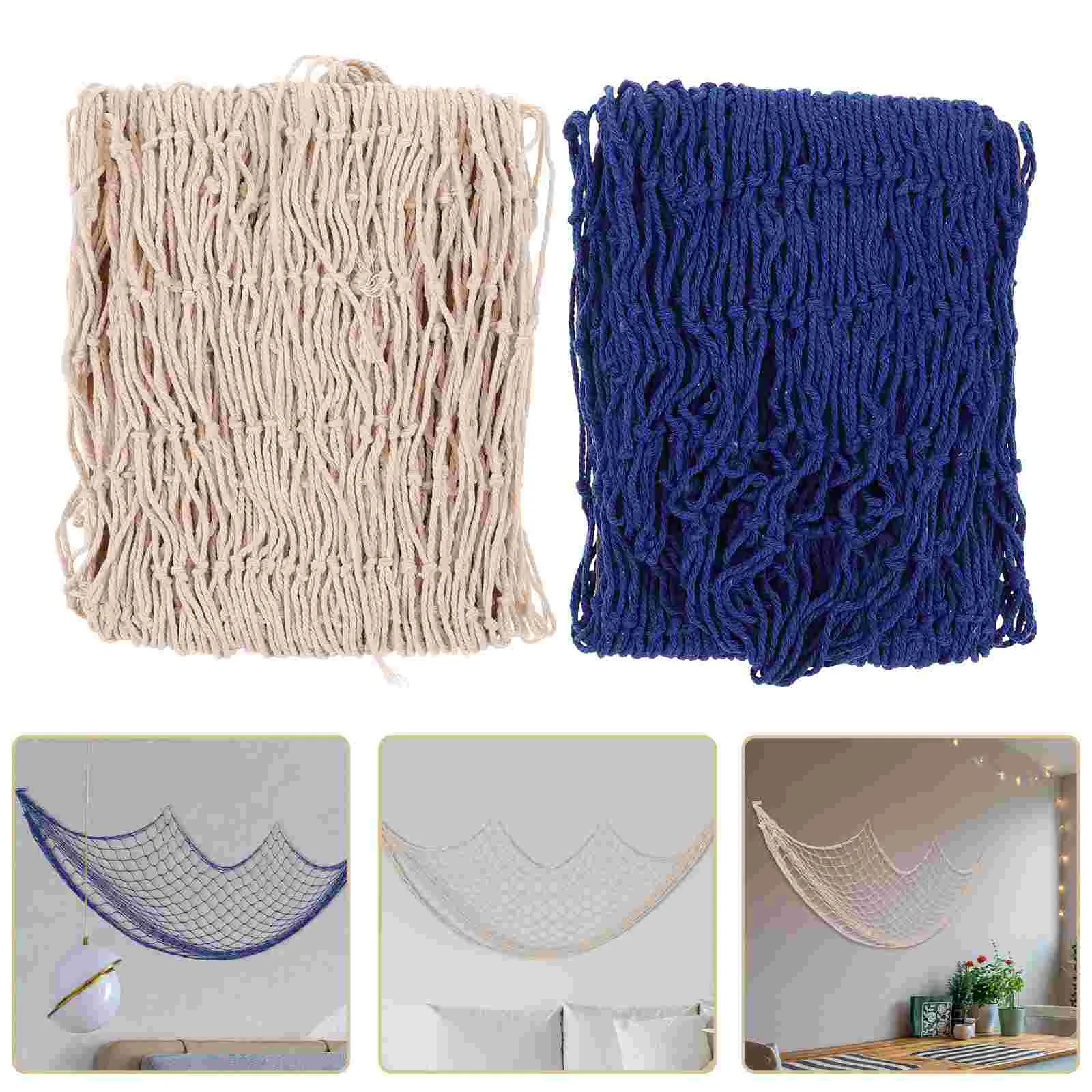 2 Pcs Fishnet Decoration Fishing Nets Decorative Mesh Fisherman Cotton Rope Decorations for Party Office Accessories Photo Prop