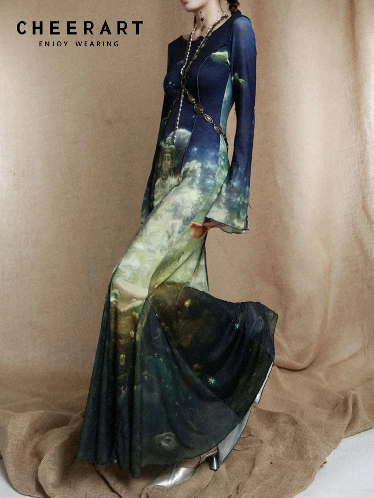 CHEERART Designer rückenfreies Langarm-Mesh-Meerjungfrau-Abend-Luxuskleid 2025, Damen-Tuniken mit ausgestellten Ärmeln, Maxikleid für Damen, Party
