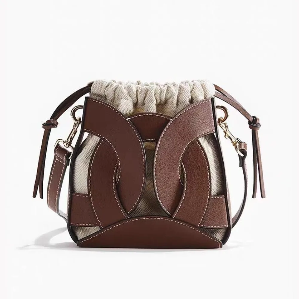 Fashion Woven Bucket Bags for Women Shoulder Bag Hollow Drawstring Crossbody Bags Canvas Patchwork Designer Women's Bag NEW