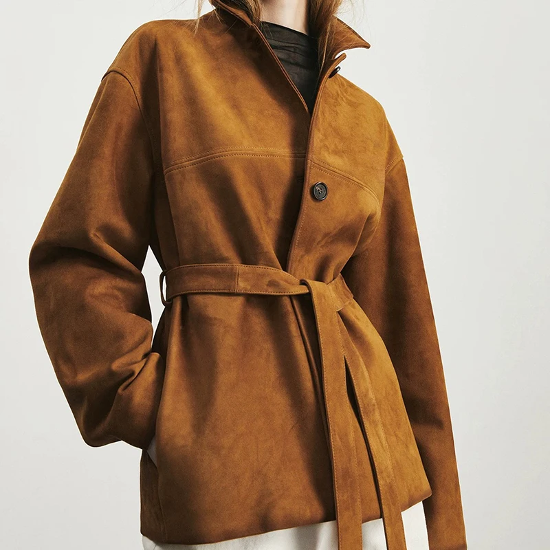 Veste en daim naturel automne femmes nouveau français élégant rétro revers ceinture mince moyen à Long manteau en daim peau de chèvre femme Ropa Mujer