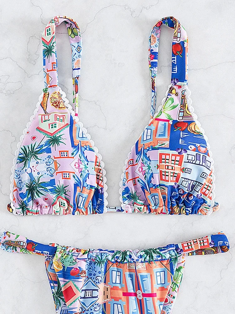 Bikini da spiaggia con stampa sexy alla moda Set da 2 pezzi Costume da bagno diviso da donna Bikini da vacanza a vita alta 2025 Nuovo set bikini da bagno estivo