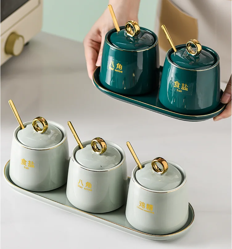 Kitchen Seasoning Tool Sugar Bowl Creative Dark Green Ceramic Seasoning Jar Set Household Lidded Salt Shaker Seasoning Box