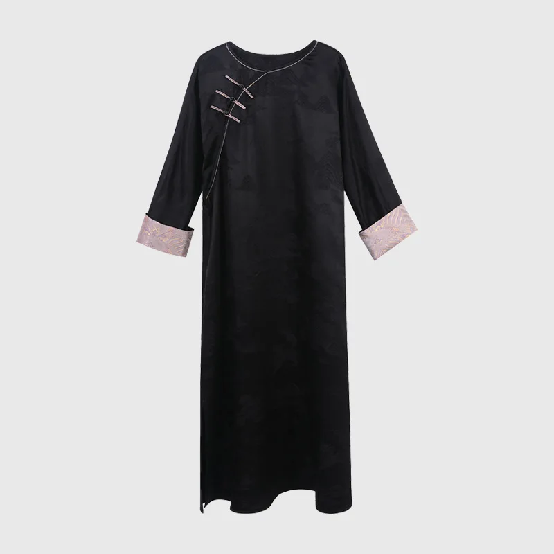 High Quality Women's Spring and Autumn New Chinese Silk Dress Retro Temperament Wild round Neck Rolled Sleeves Jacquard