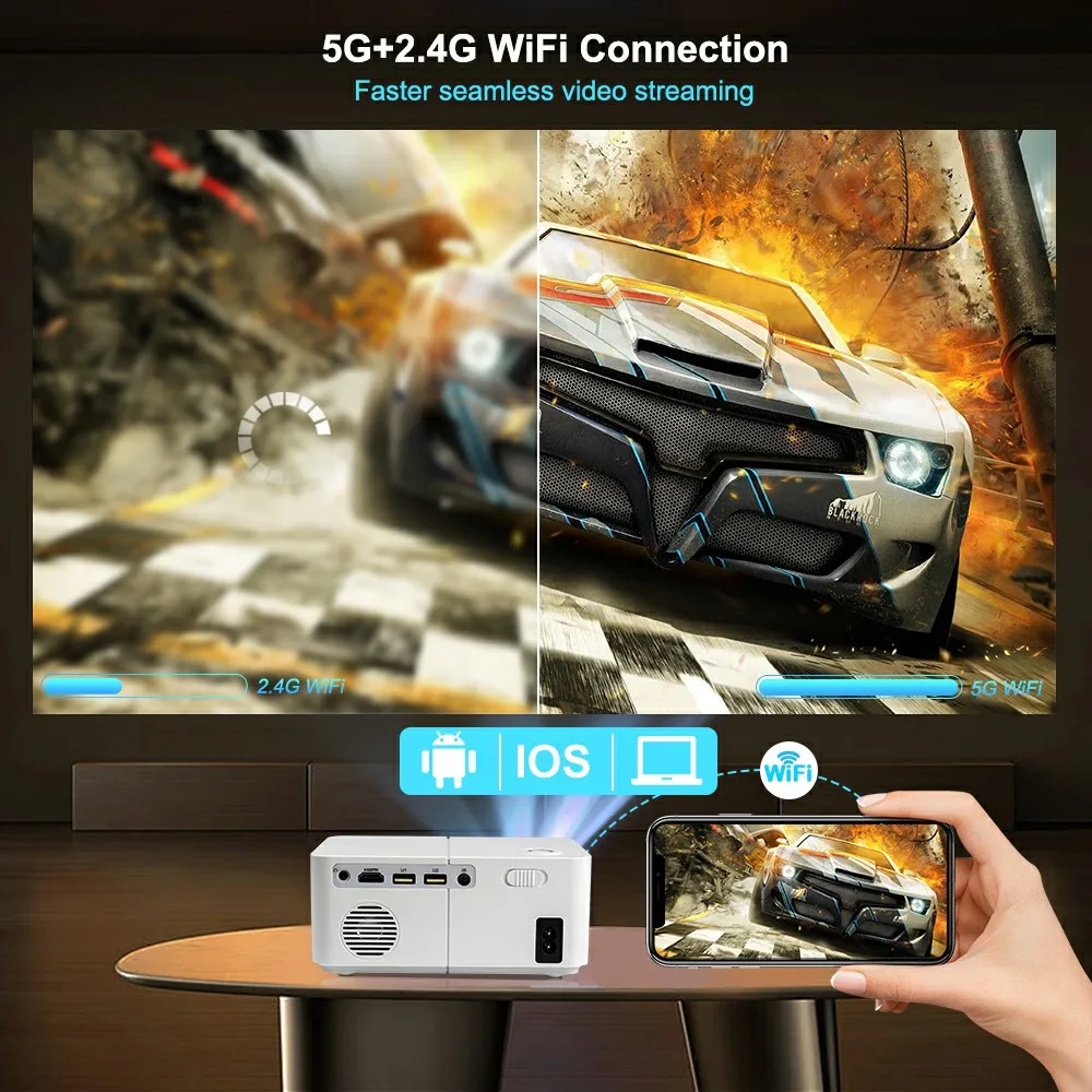 HD300 Full HD 4K Mini Portable Video Projector 3D 5G WIFI Smart TV Home Theater Cinem HD 1080P Mobile Phone LED Beam Projector