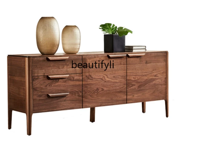 North America Black Walnut Wood Sideboard Cabinet Nordic Minimalist Solid Wood Restaurant Villa Designer Locker