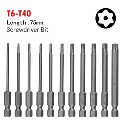 Torx chave de fenda conjunto de chave de fenda cabeça magnética/t7/t8/t9/t10/t15/t20/t25/t27/t30/t40 75mm peças de ferramenta elétrica extra longa