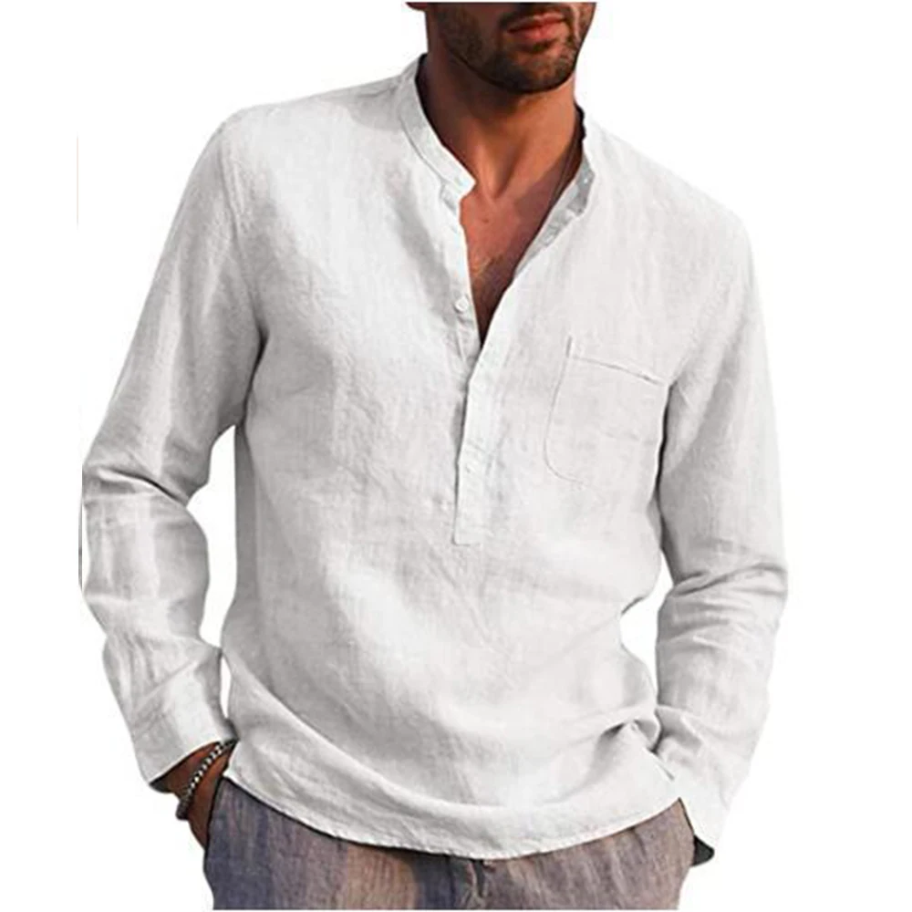 Cotton Linen Hot Sale Men\'s Long-Sleeved Shirts Summer Solid Color  Stand-Up Collar Casual Beach Style Plus Size