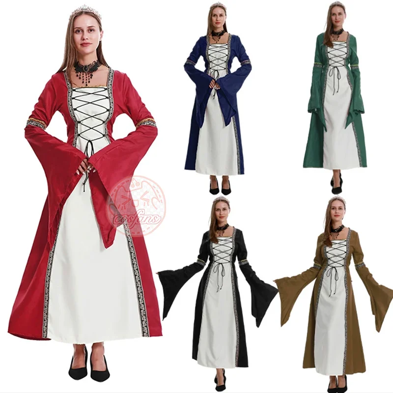 فستان طويل بأكمام مربعة ورقبة مربعة من القرون الوسطى، ملابس نسائية كلاسيكية على الطراز القوطي، رداء محكمة من العصور الوسطى