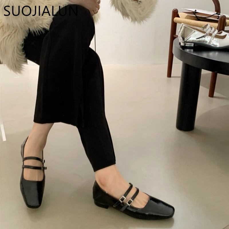 SUOJIALUN 2023 Spring New Women Flat Shoes Fashion Square Toe Shallow Ladies Mary Jane Ballerinas Flat Heel Casual Ballet Shoes