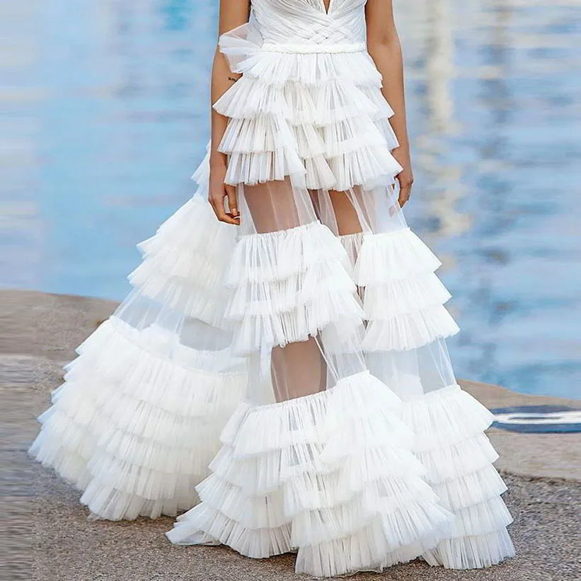 

Pretty White Tiered Tulle Wedding Skirt Long Floor Length Ruffled Prom Party Skirts with Mini Liner Custom Made Ladies Skirt