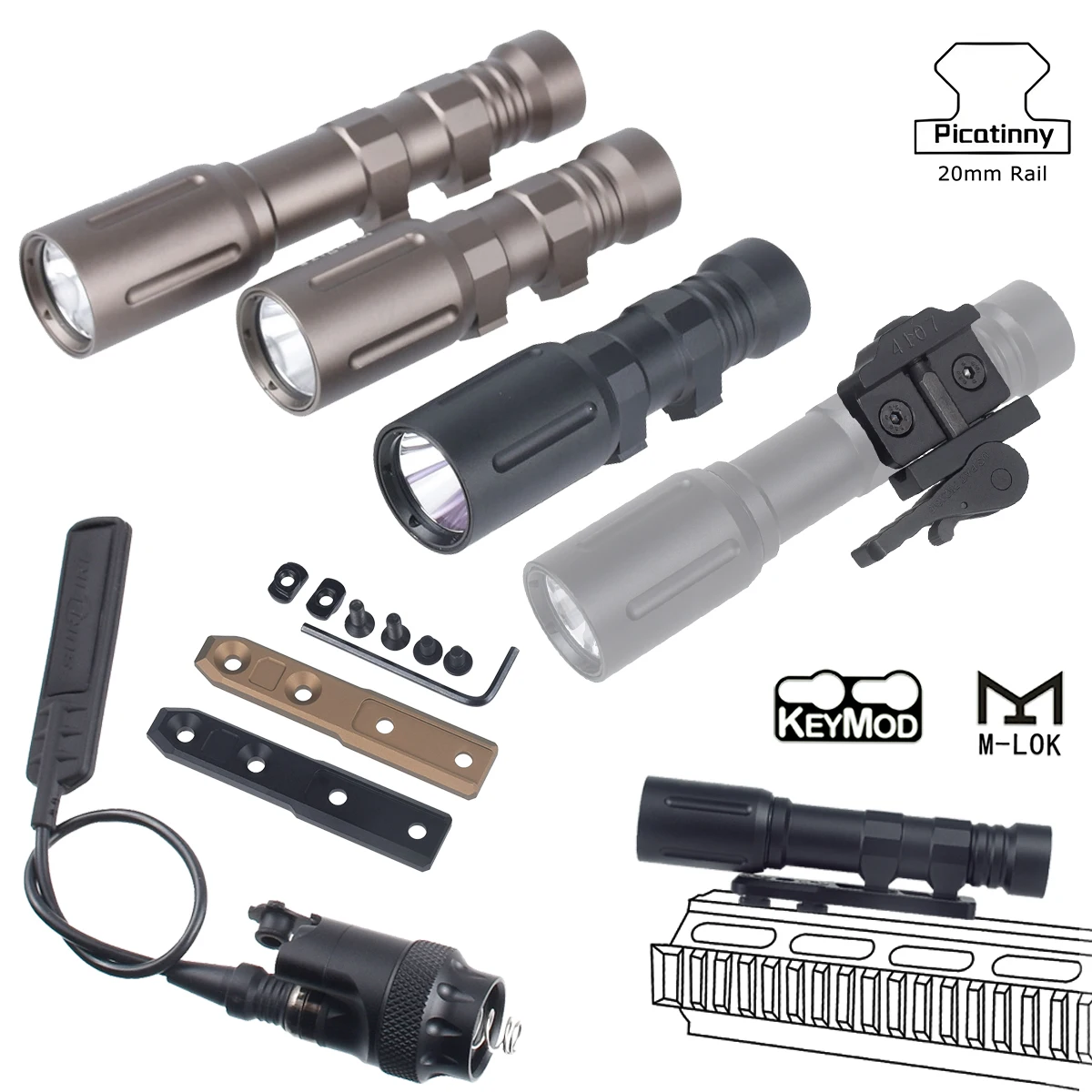 

Tactical MOD Rifle Flashlight Spotlight Version Hunting Scout KW LED Light 1200 Lumen with Surefire 20MM Rail Keymod MLOK Mount