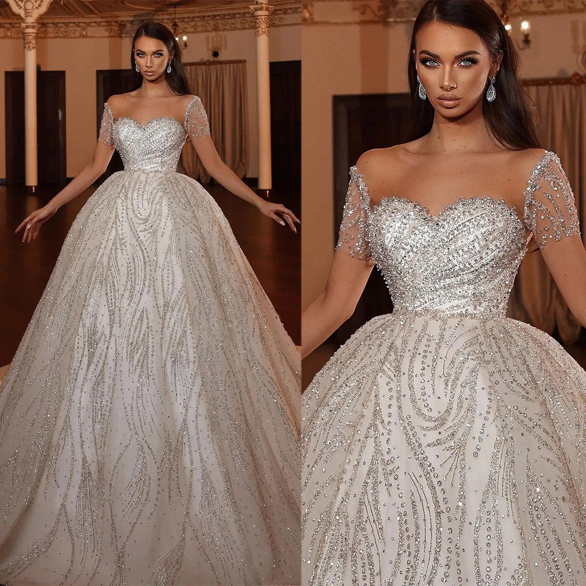 Luxury Ball Gown Wedding Dresses Cape SleevesV Neck Straps Sequins Appliques Ruffles Beads Diamond Bridal Gowns Vestina De Novia