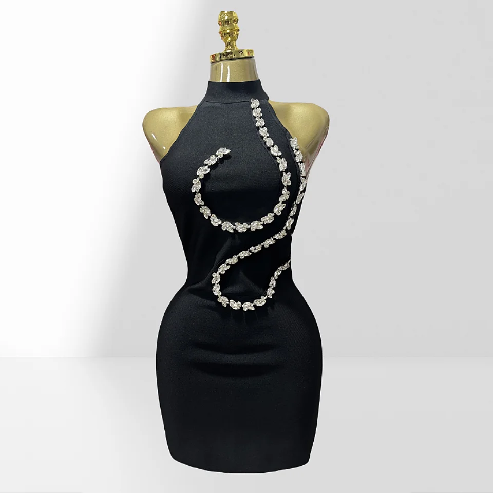 

2025 Summer Shining Diamonds O-neck Sleeveless Bandage Mini Dress Fashion Woman Birthday Party Dress Celebrity Party Vestido