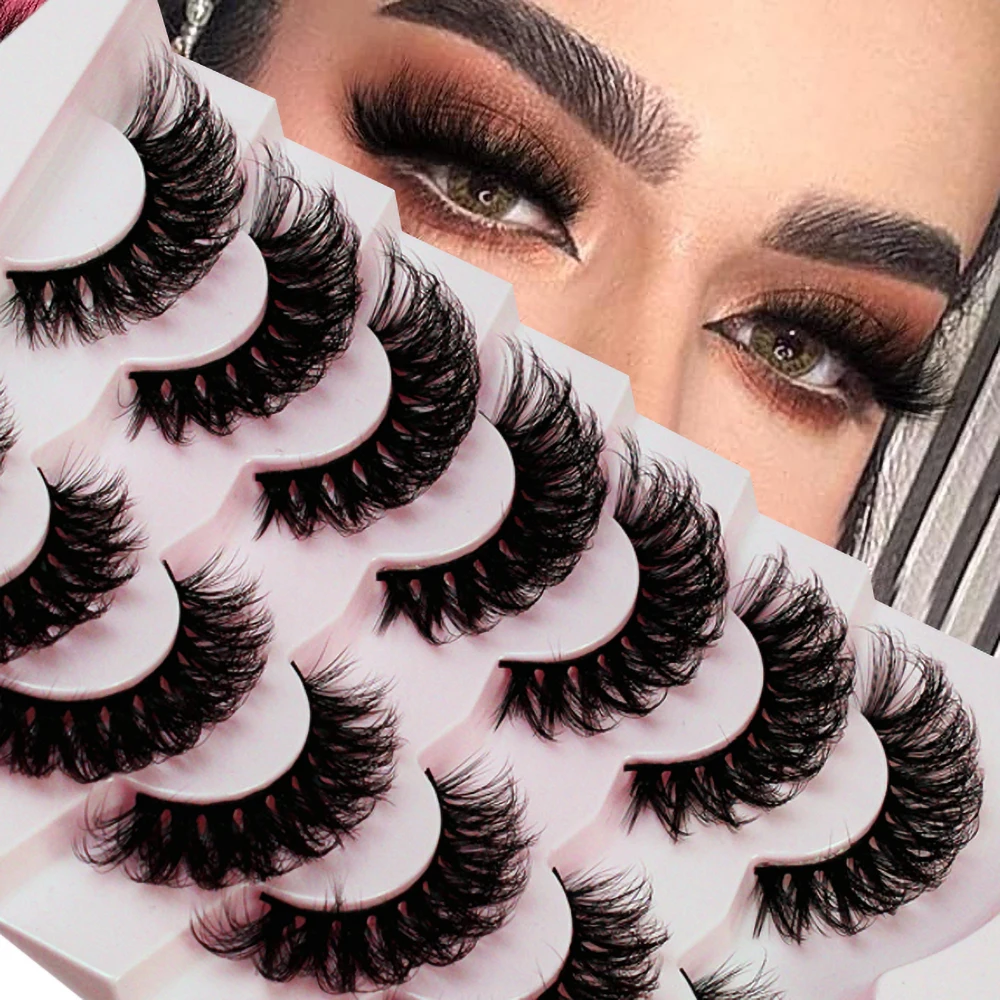 7 Paar flauschige, dicke künstliche Wimpern, dramatische D-Curl-Streifenwimpern, dicke Augenwimpern, sehen aus wie Wimpernverlängerungen