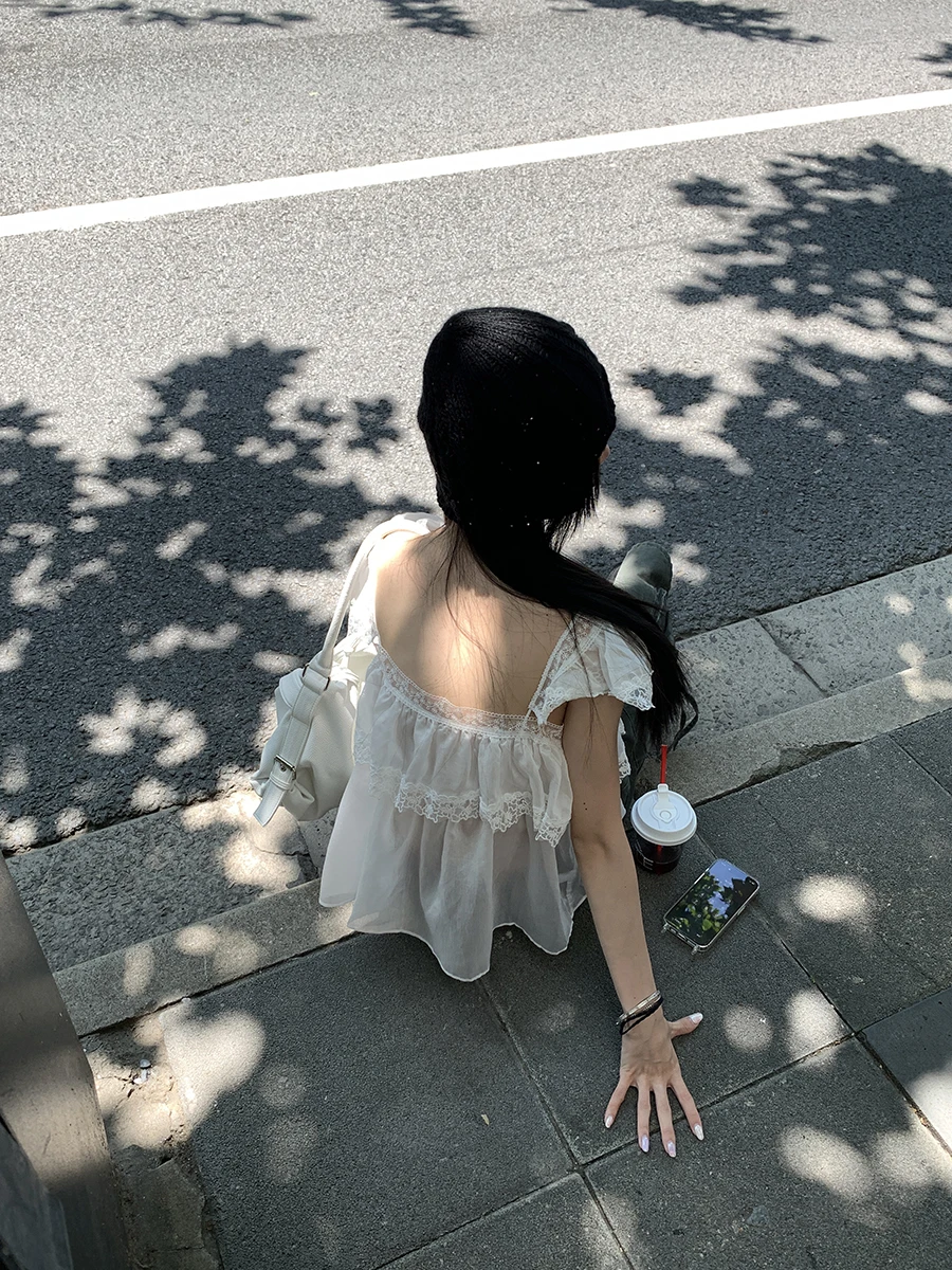 

Sinbounboun Sweet Lace Trim Thin Semi-Transparent Small Flng Sve irt 2025 Mid-Century Feel ort Korean Sle Women's ...