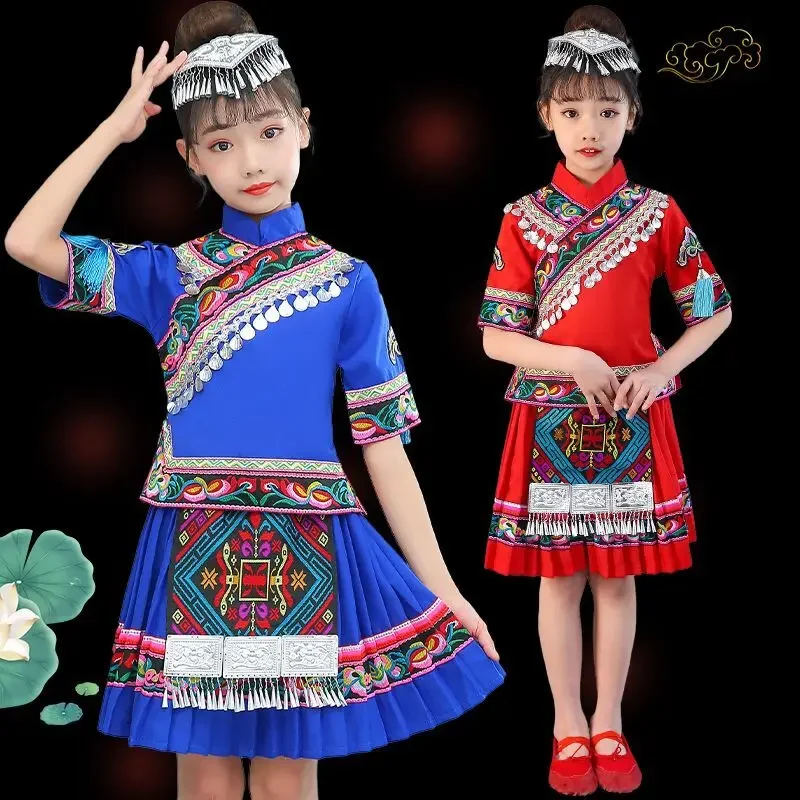 Chinese Traditional Hmong Costume Miao Dance National Perform Dance Wear Girls Minority Classical Stage Dance Modern Dress