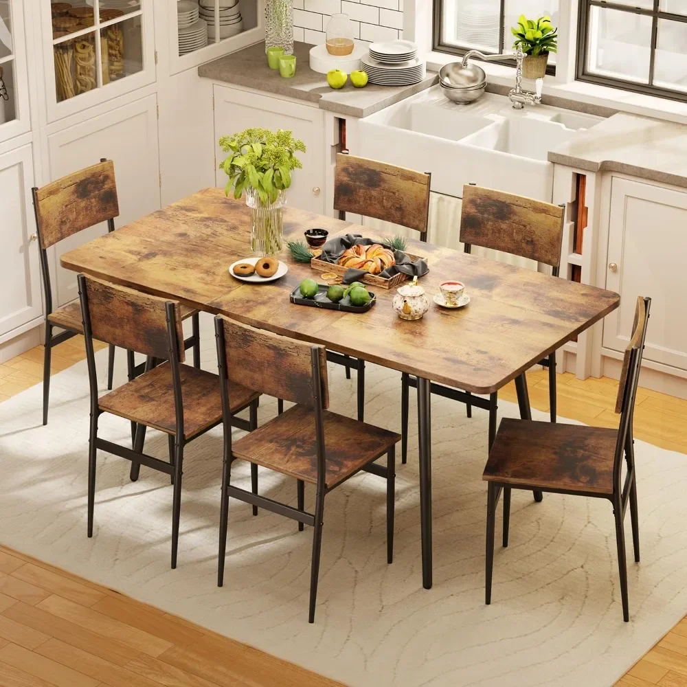 63” Extendable Dining Table Set for 4-6 People, 7-Piece Dining Table Set for 6 People with 6 Chairs, Kitchen Table Set