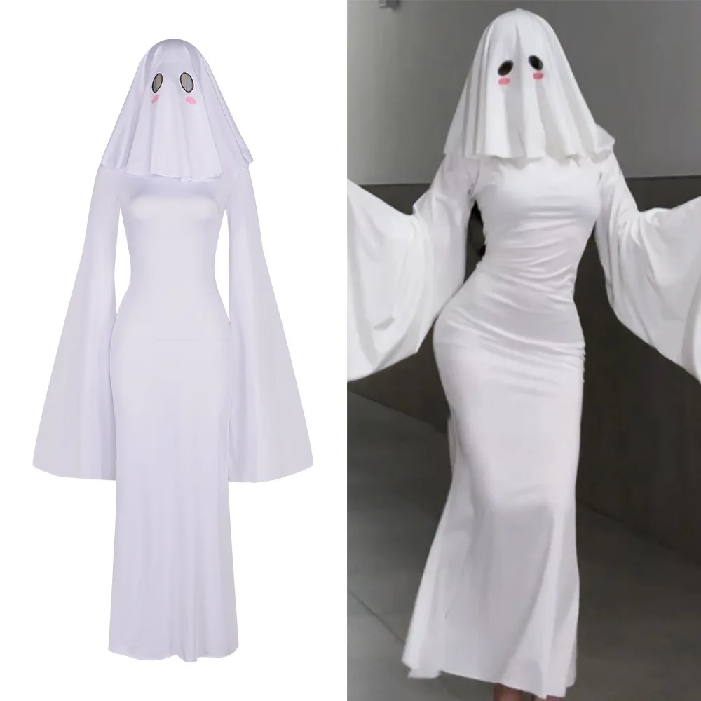 Ghost Mother Cosplay Costume Sexy Cute Women White Two Wear Slim Dress Halloween Christmas Fancy Party Clothing