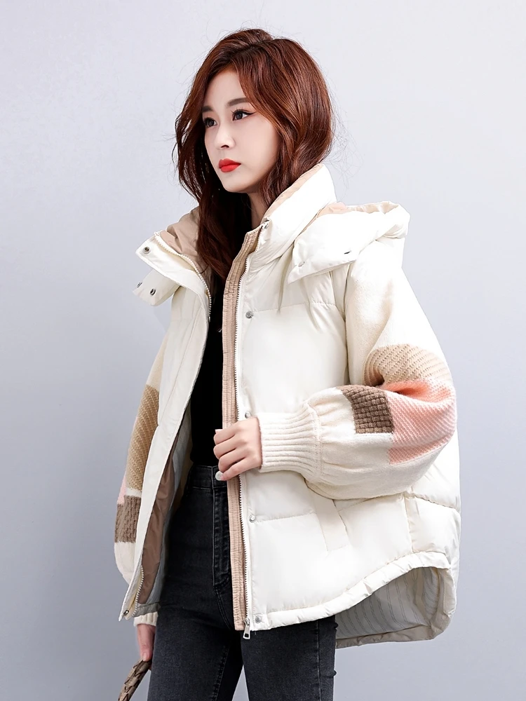 Fashion Patchwork Winter Women Coat Hooded 2023 New Casual Thick Parkas Loose Warm Down Cotton Padded Jackets