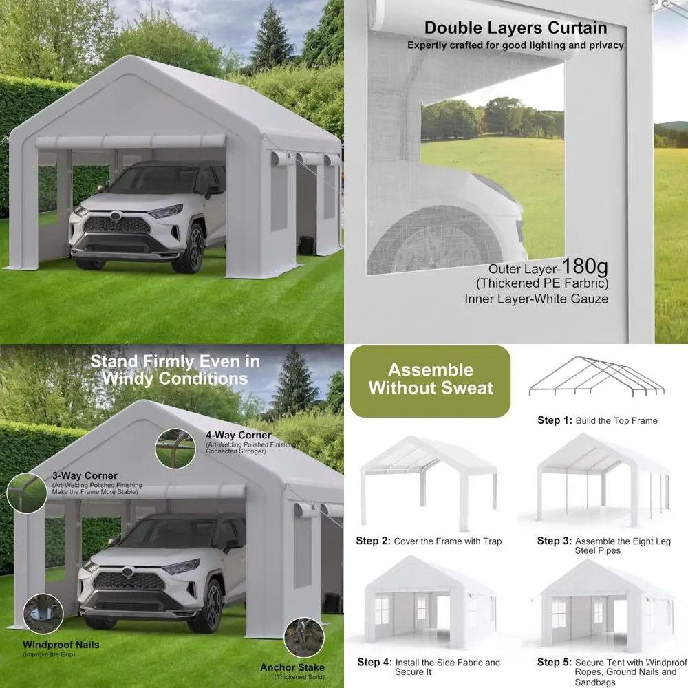 

10x20ft carport heavy duty, portable garage with 4 doors + 4 window, upgraded carport with reinforced steel poles, uv resistant