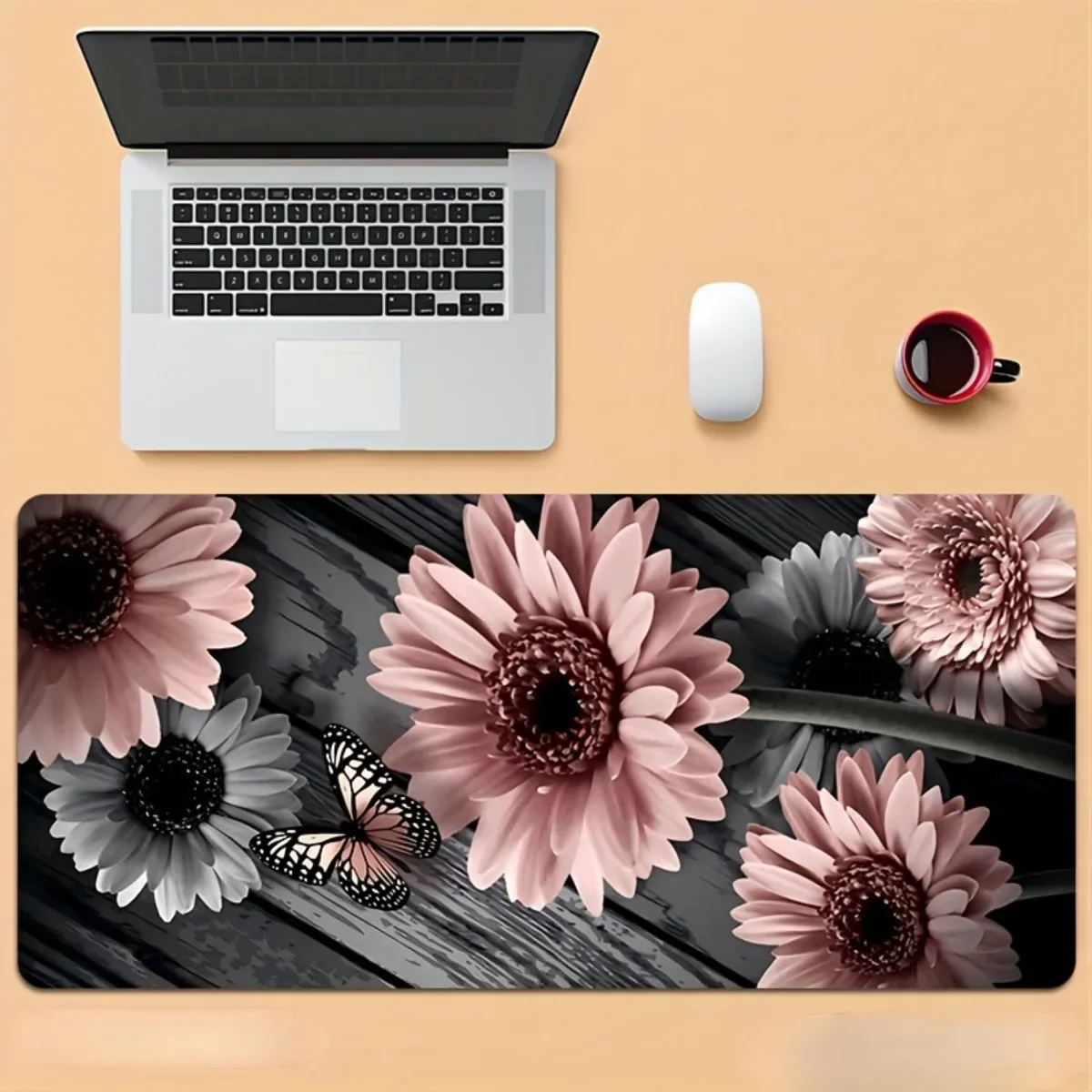 Pink Floral Rubber Gaming Mouse Pad Non-slip Rectangular Desk Mat Office Gaming Desktop Accessory Ideal Gift for Couples
