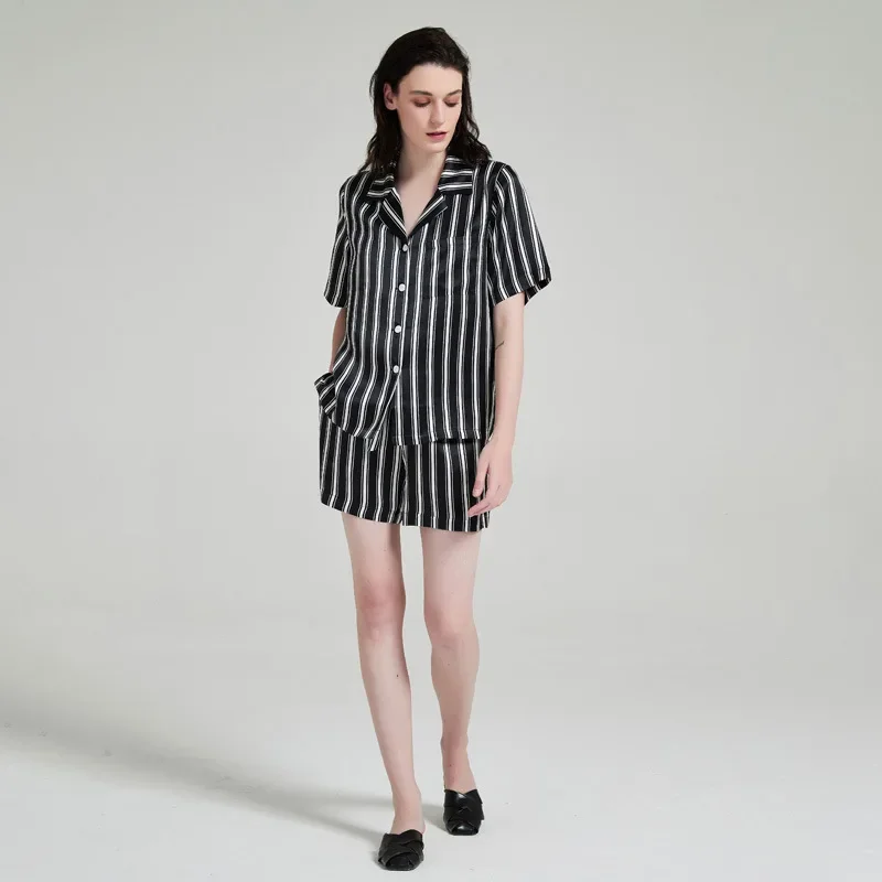 19momme 100% Mulberry Silk Short Sleeve Shorts Pajamas Women's Striped Casual Loungewear Summer Lapel Pajama Sleepwear Nightwear