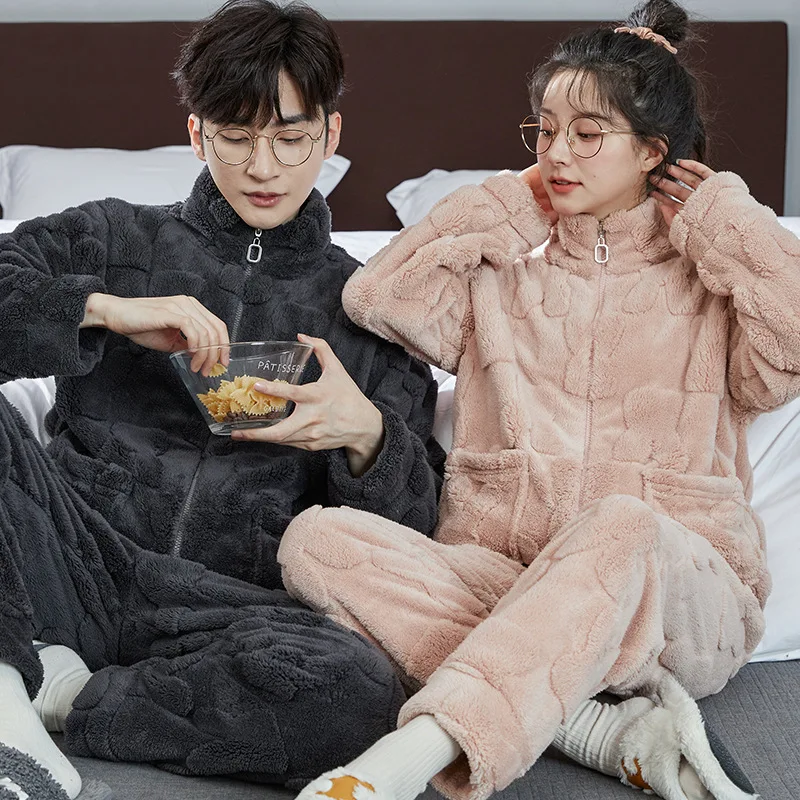 Winter Couples Nightwear Flannel Warm Pajamas Set Women and Men Matching Sleepwear Zipper Sport outside Home Clothes Freeship