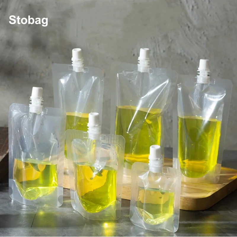 StoBag 100pcs Transparent Drinking Liquid Nozzle Bag Juice Beverage Packaging Clear Storage Plastic Portable Sealed Pouches