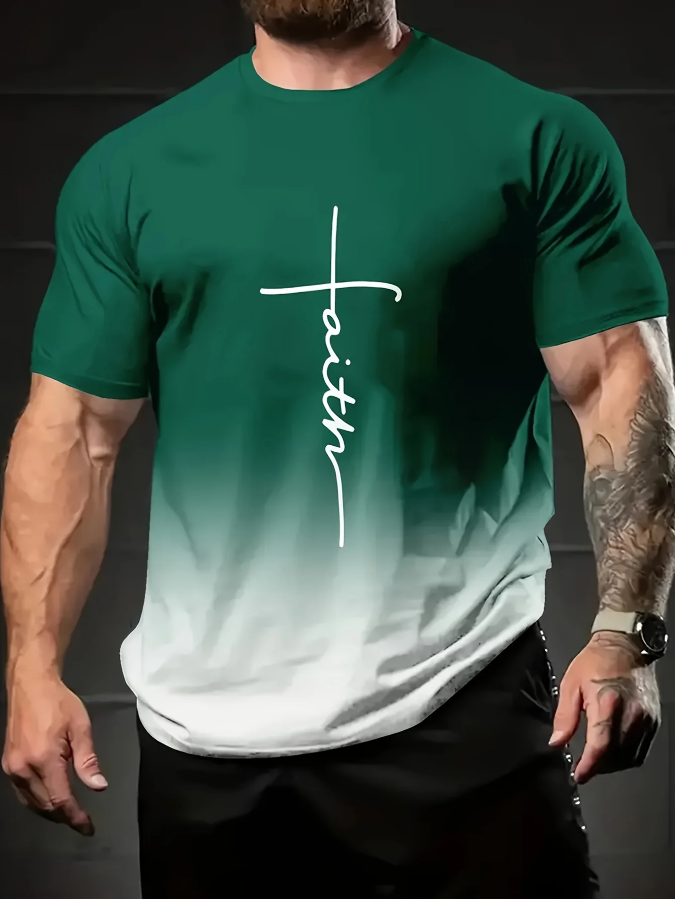 

Gradient Faith Cross Print Crew Neck T-Shirt, Lightweight Breathable Short Sleeve, All-Season, For Outdoor/Cycling/Fishing