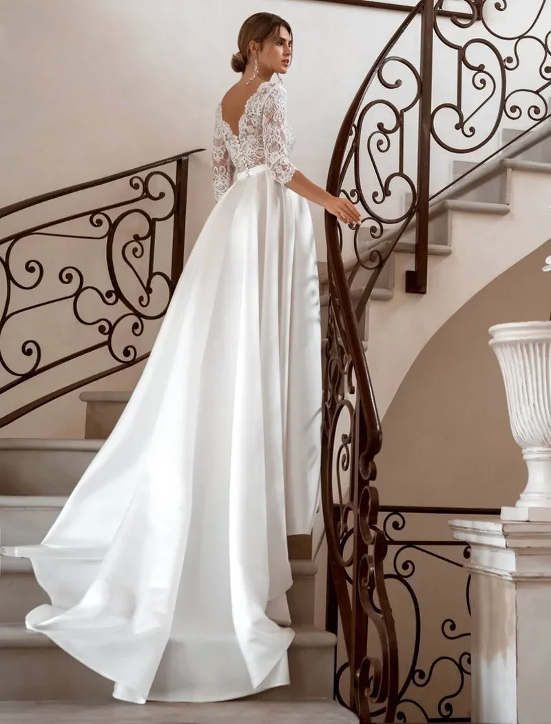 Elegant Long Sleeve Lace Wedding Dresses V-Neck Satin A-Line vestido de novia Bridal Gown Autumn New Vintage Simple