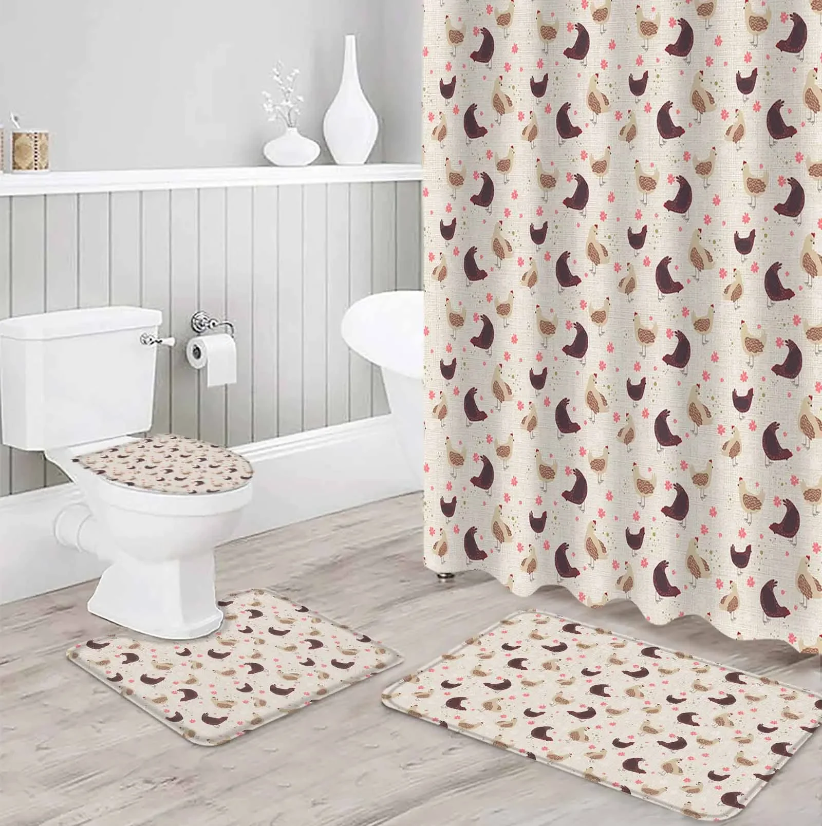 Animal Patterned Flowers Polyester Printed Shower Curtain Bathroom Set Luxury Curtain Abstract 4-piece Set Coral Velvet Foot Mat