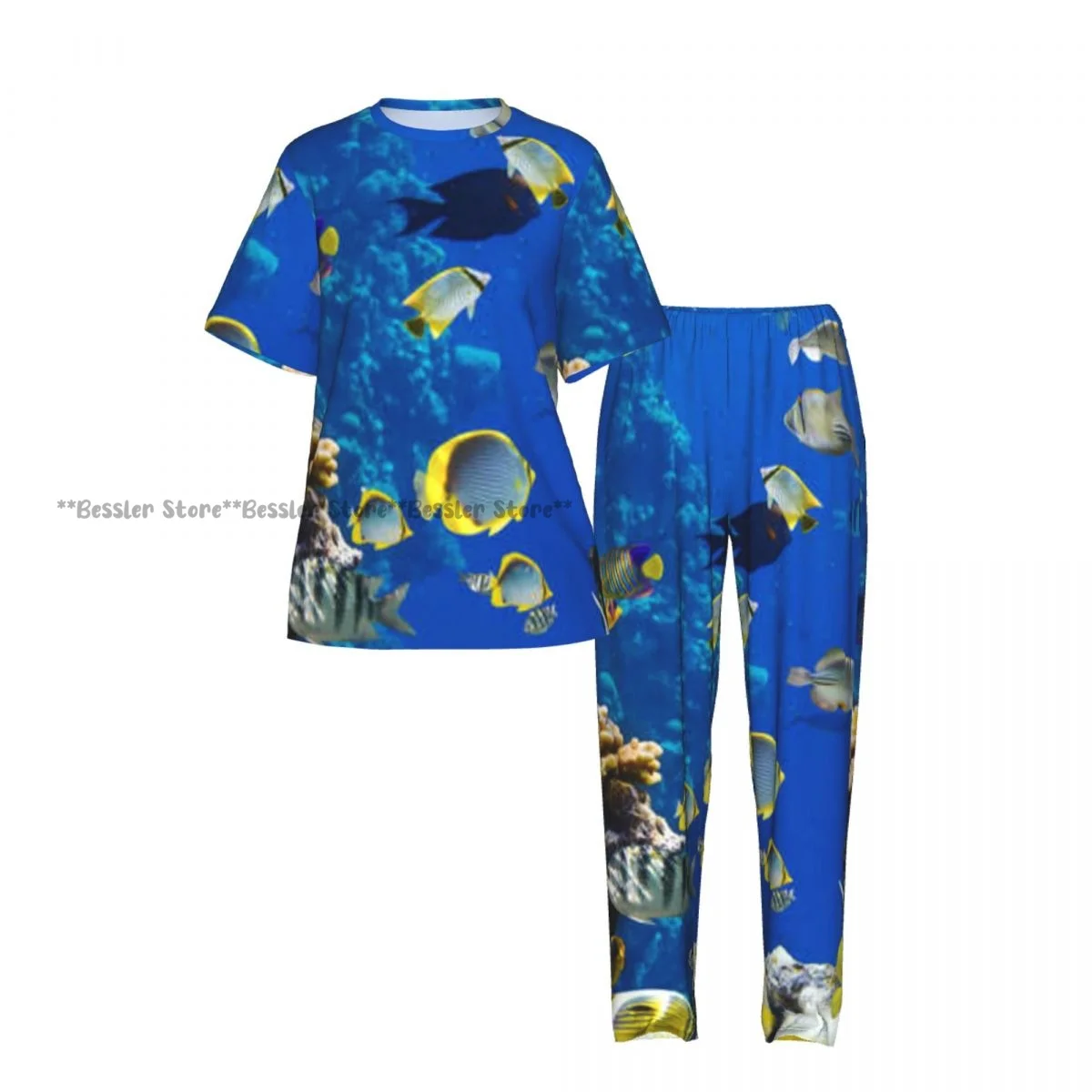 Women's 2-piece set Tropical Fish On Coral Reef Pajamas Short sleeved Top and Pants Sleepwear