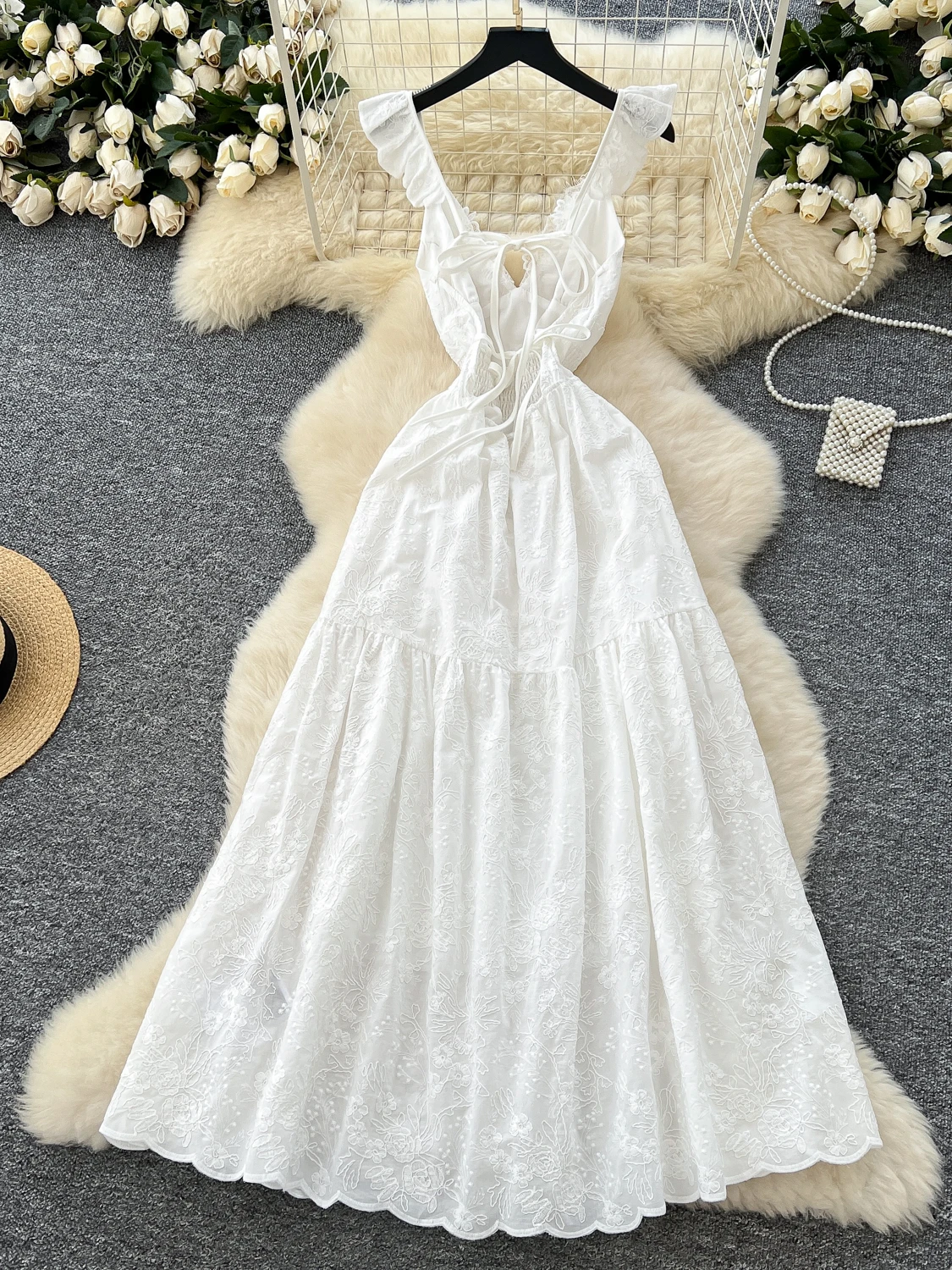 White Beach Dress Women Summer French Embroidery Floral Boho Long Dresses  Ladies Slim A-line Sleeveles V-neck Party Long Robe - AliExpress 200000345