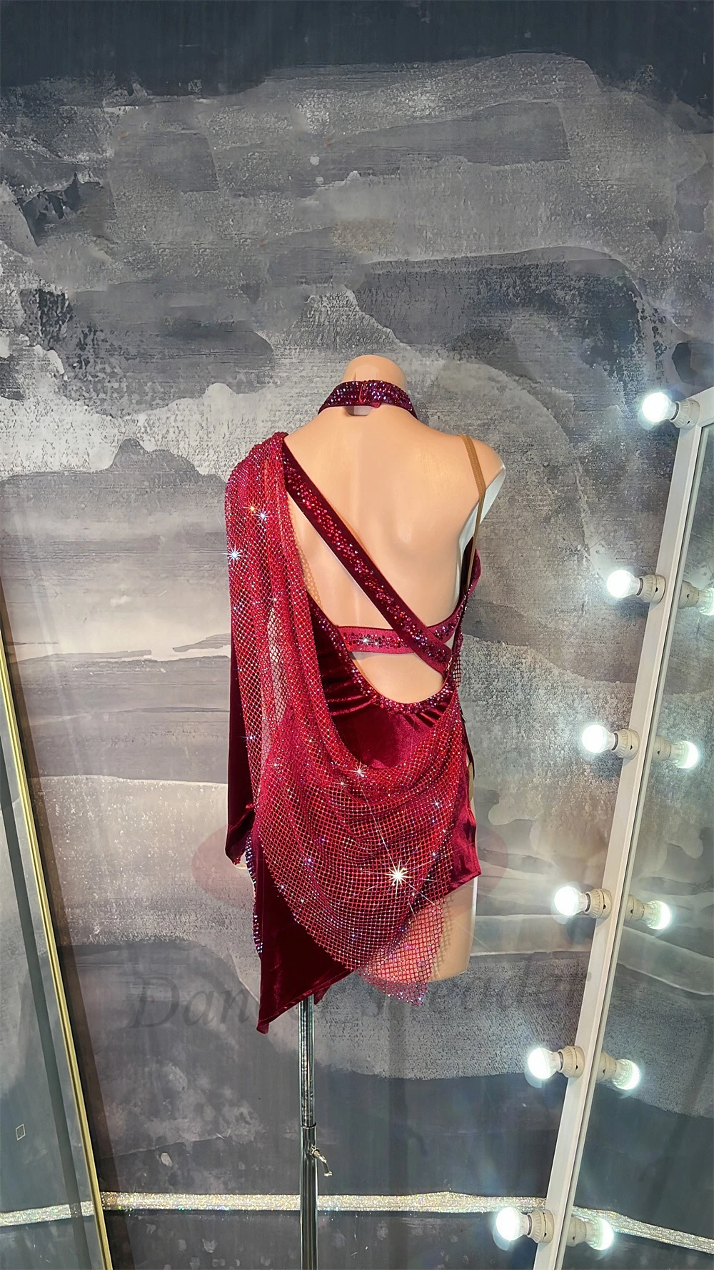 فستان راقص لاتيني للأطفال البالغين عالي الجودة مخصص باللون الأحمر المخملي الماسي الشبكي التانغو سامبا AB Stone Performance #1