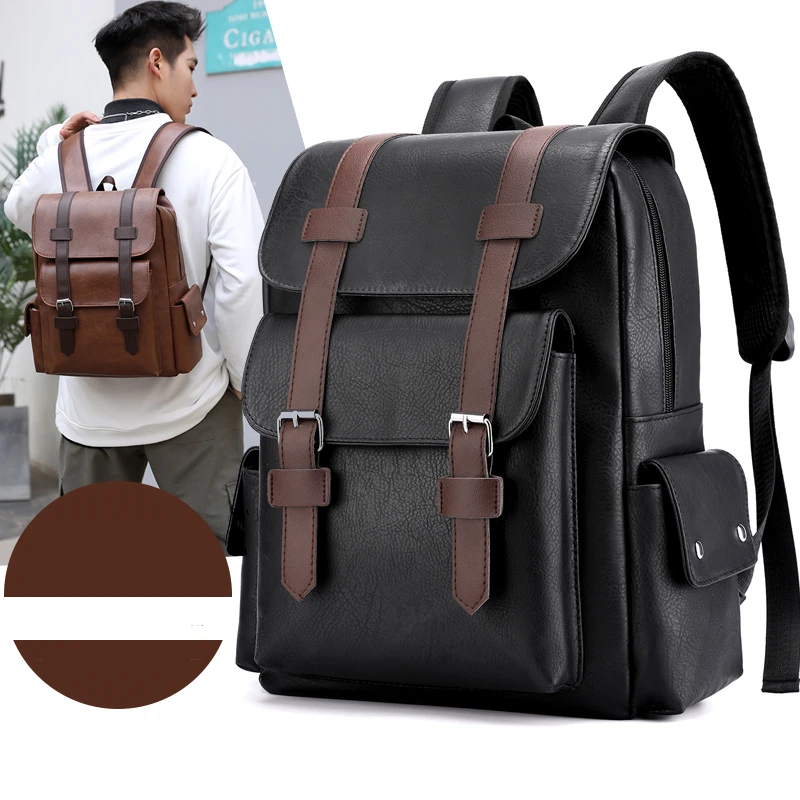 Mochila de piel sintética para hombre, morral grande para ordenador portátil, mochila escolar negra para adolescentes y niños, c