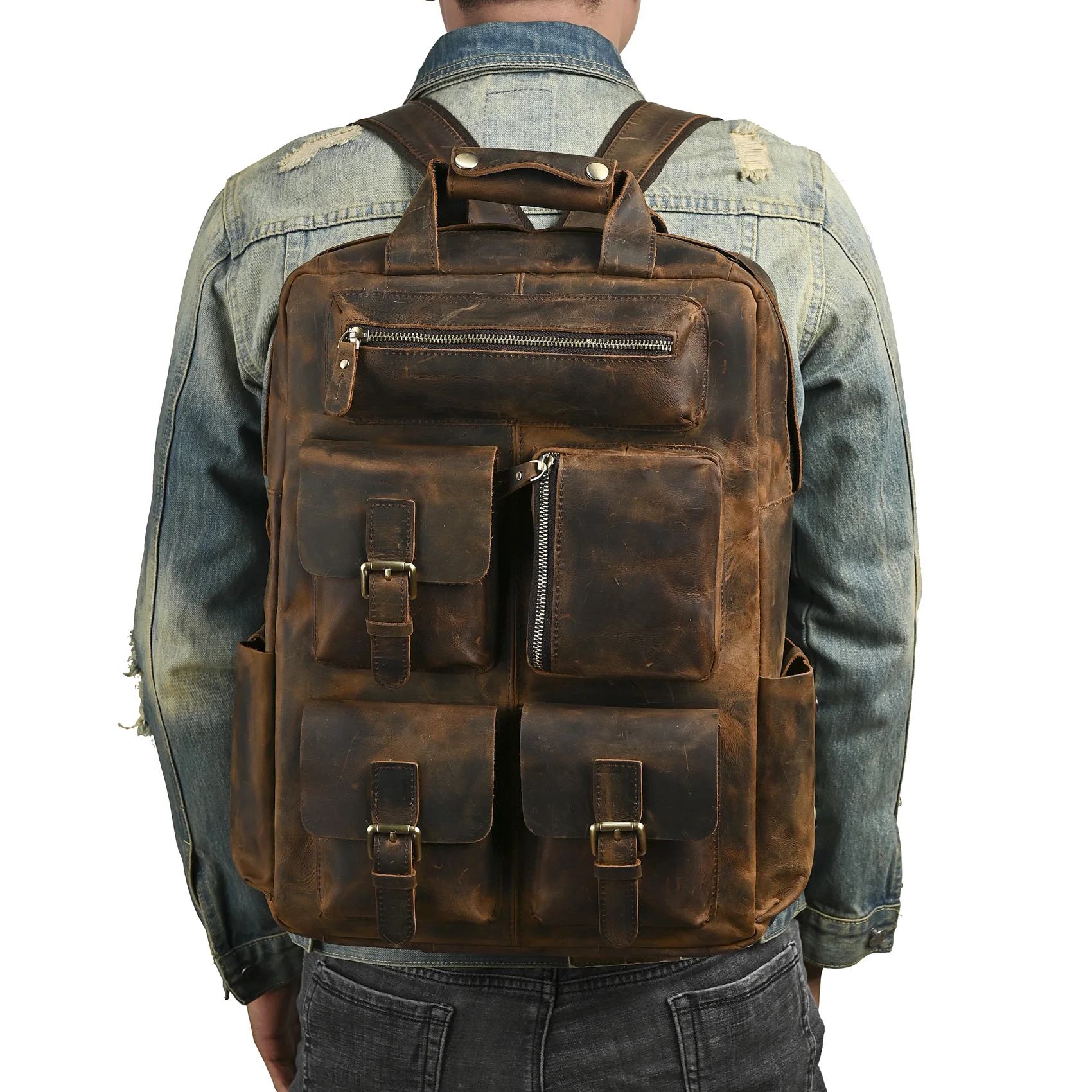 Genuine Leather Heavy Duty Design Men Travel Casual Backpack Daypack Fashion Knapsack College School Book Laptop Bag Male 1170-c