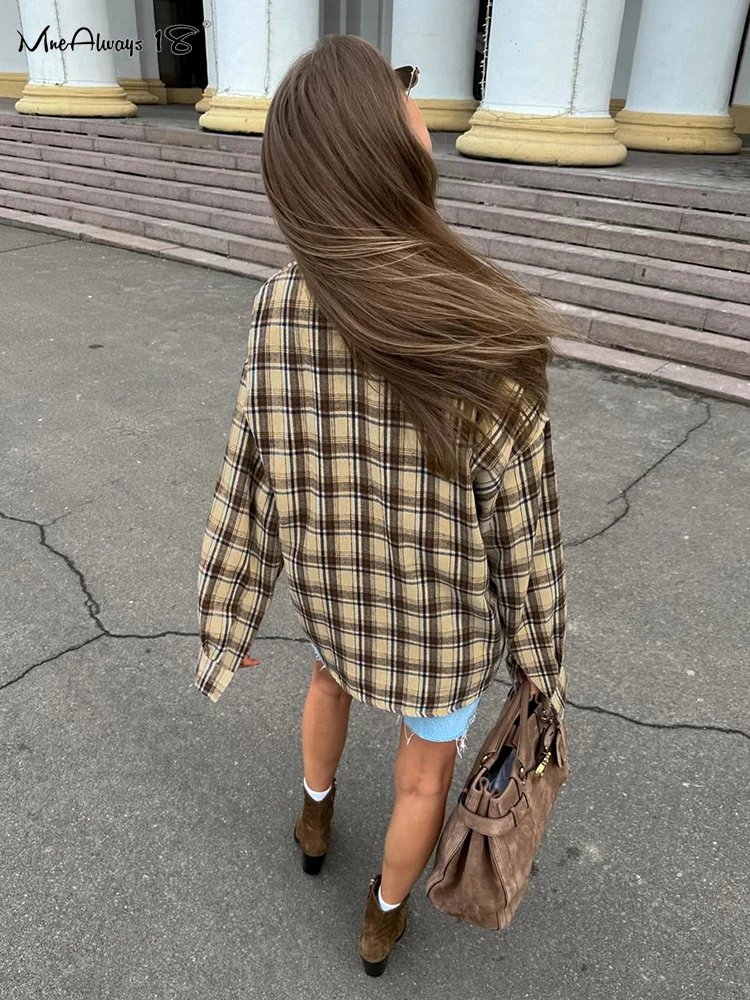 Mnealways18 Vintage Shacket Oversized Gingham Blouses And Tops Womens Dropped Shoulder Plaid Shirts Street Style Pockets Casual