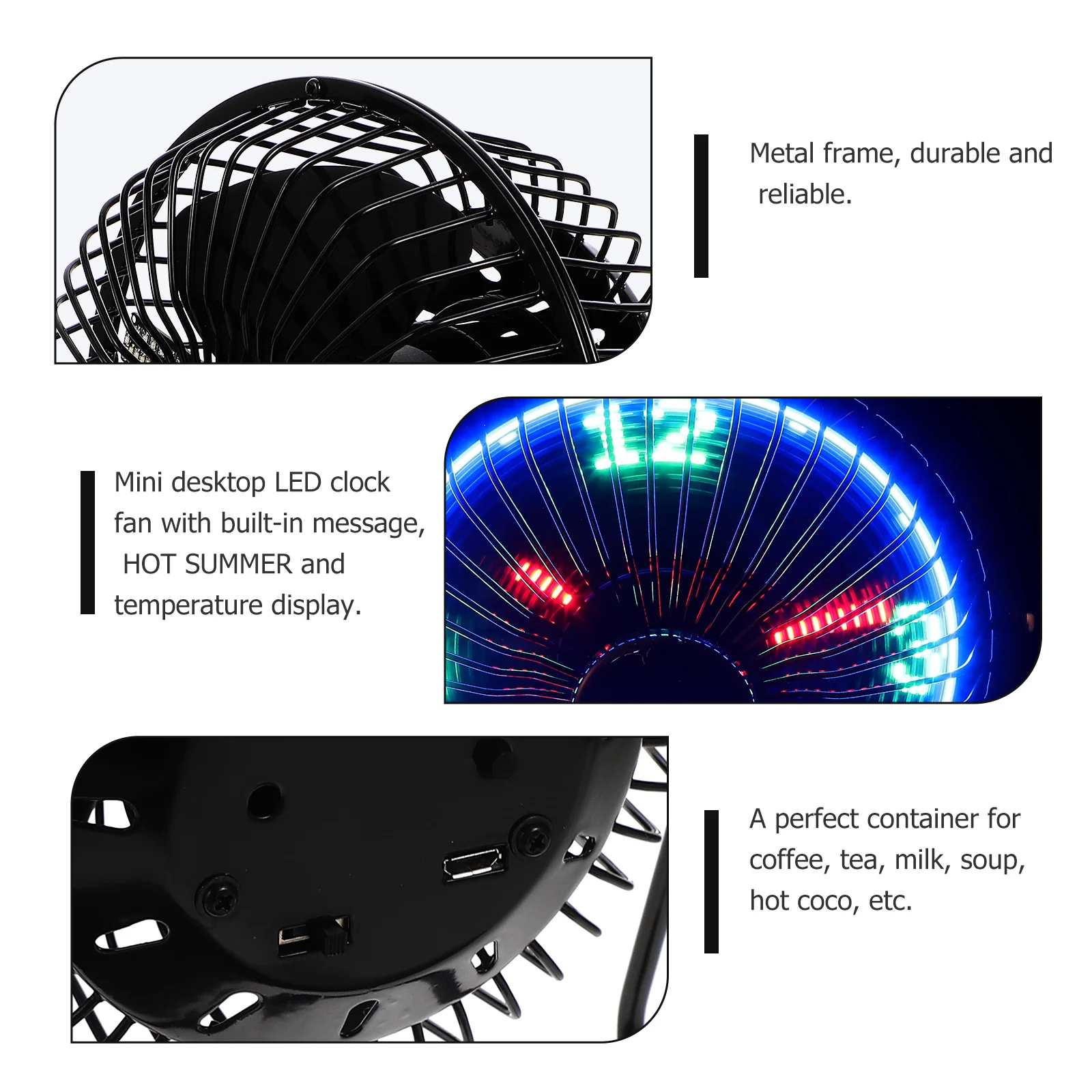 

360 Degree Rotatable USB Fan with LED Clock and Temp Display Metal Build Mini Fan for Office Study Travel Spaces