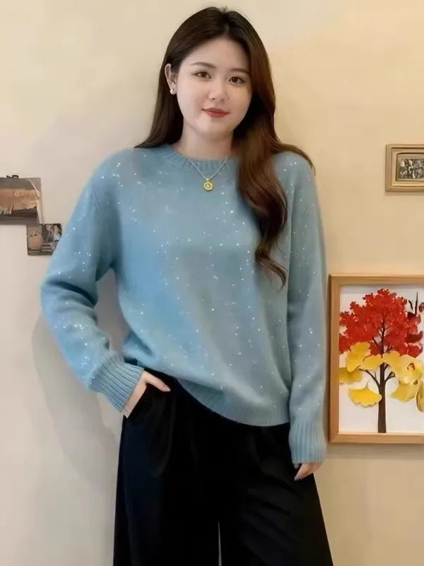 

Ele Long Sve Knitted Base irt Women's Loose Fit Inner Wear Sparkling Base Layer Top plus Size Slimming Spring Faion