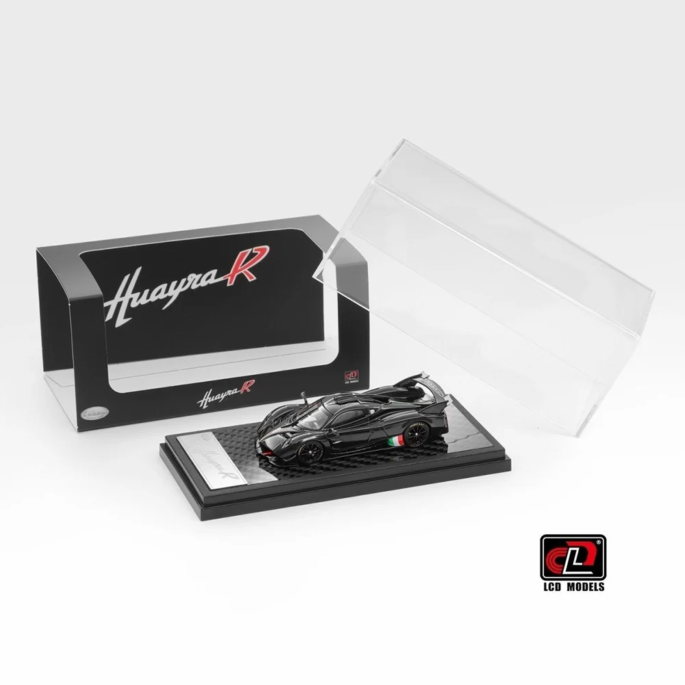 LCD 1/64 Huayra R Glossy Black Carbon Fiber with Italian Livery – Diecast Model Car Collection Display Case Gift for Adults