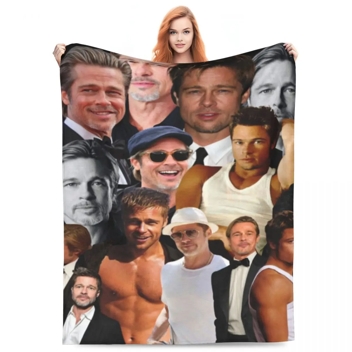 B-Brad Pitts Photo Blanket Actor Picnic Flannel Throw Blanket Warm Soft Outdoor Custom Bedspread Gift