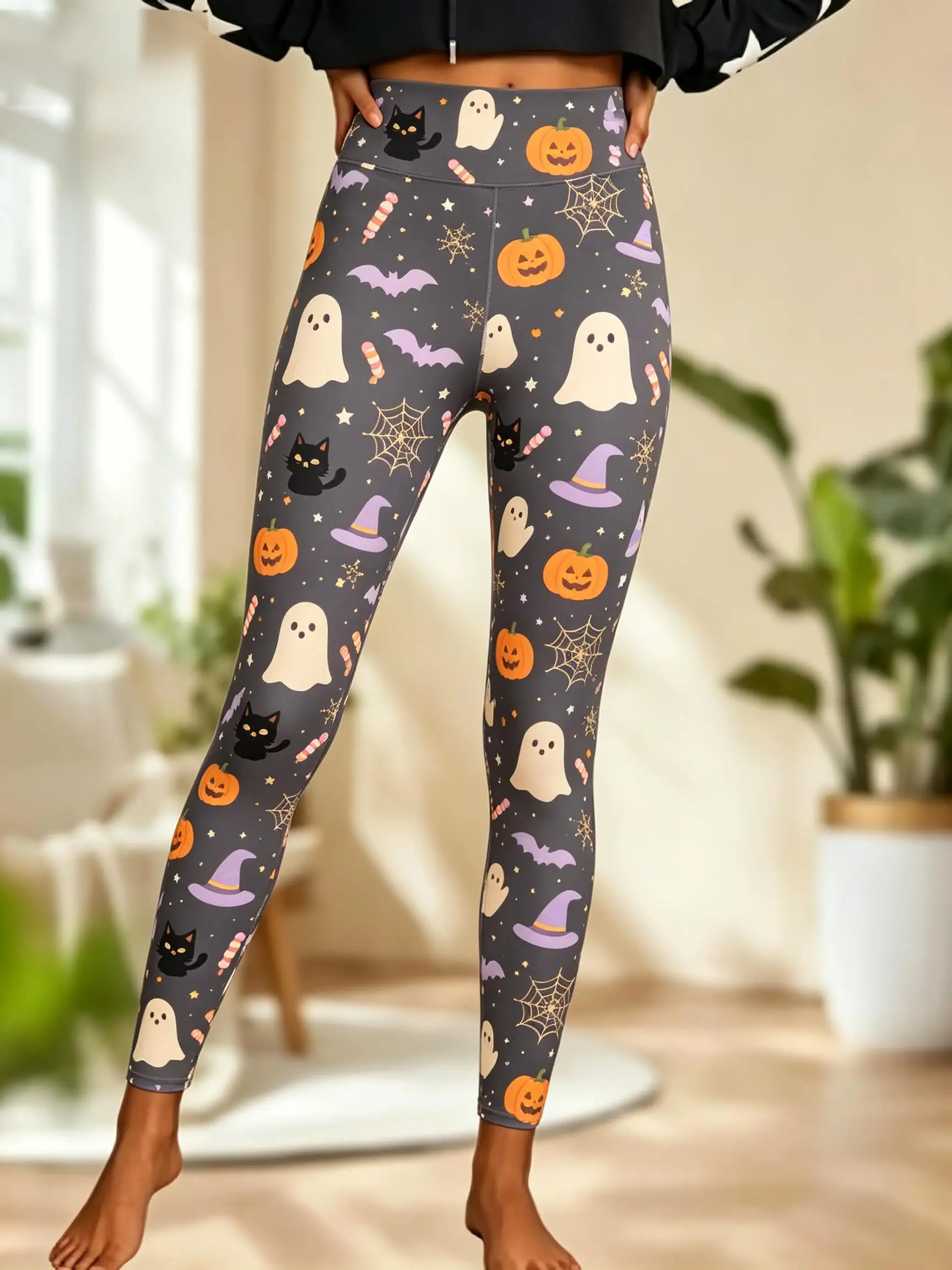 Women Fleece‑lined Mid‑rise Leggings Pumpkin Ghost Bat Spider Web Star Print Slim Stretch Halloween Casual Pants
