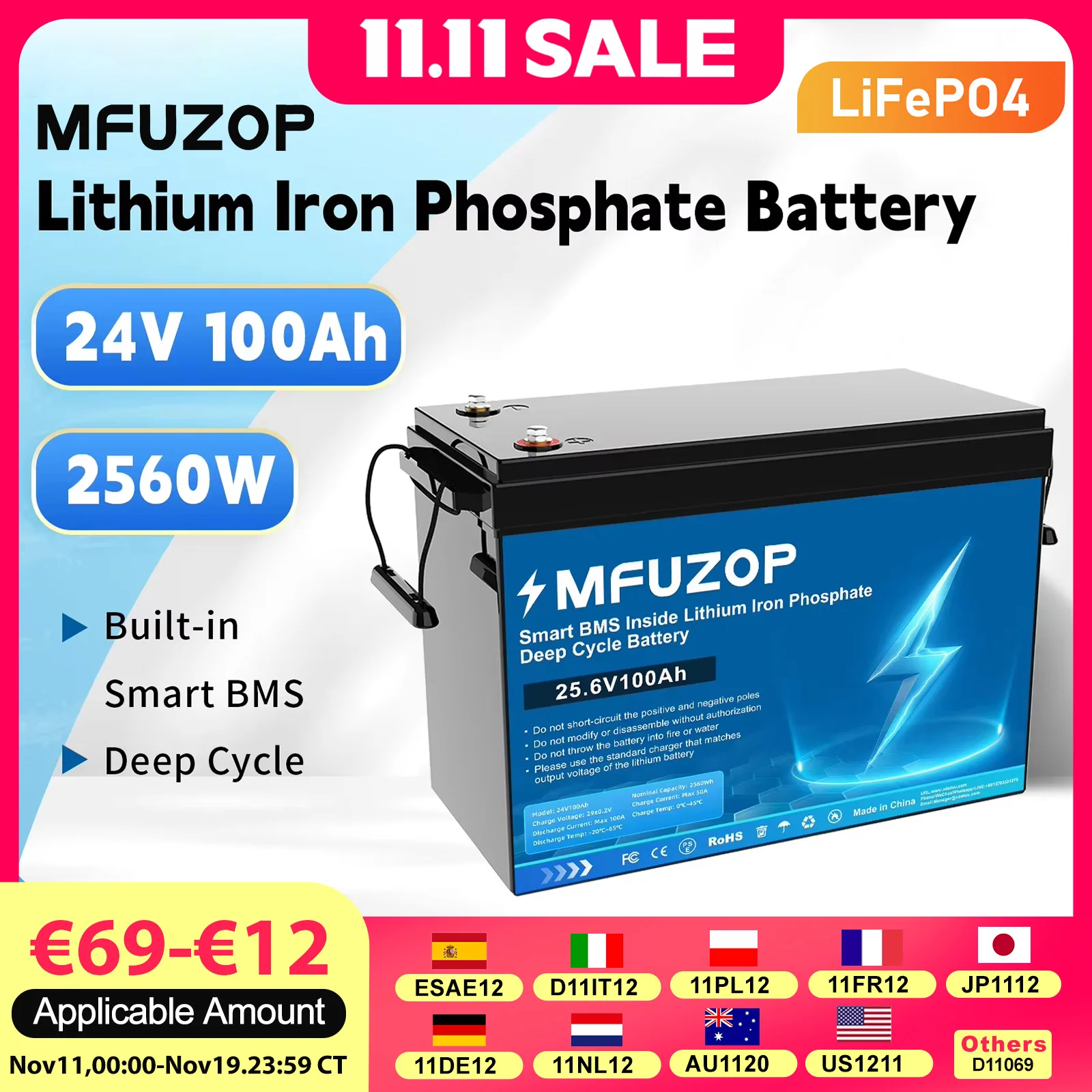 

DATOUBOSS 24V100A Battery Deep Lithium Iron Phosphate Cycle LiFePO4 Battery Rechargeable BMS RV Campers Golf Cart Sola
