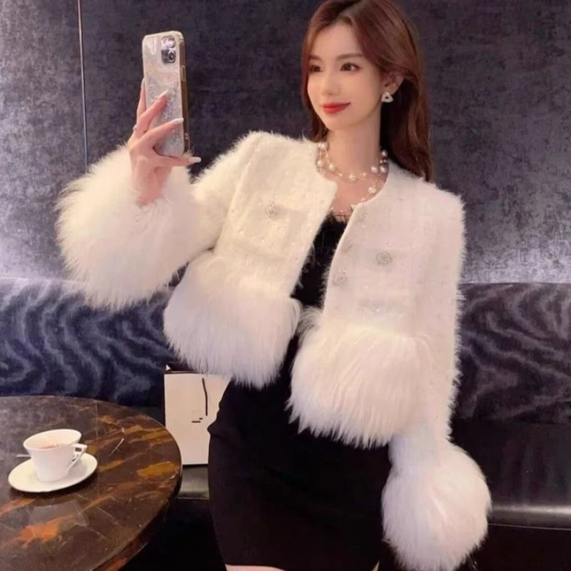 

Chic Woman Faux Fox Fur Thickened Spliced Sequined Down Jacket Imitation Mink Fur Patchwork Blazers Coat OL Fleece Cardigan Tops